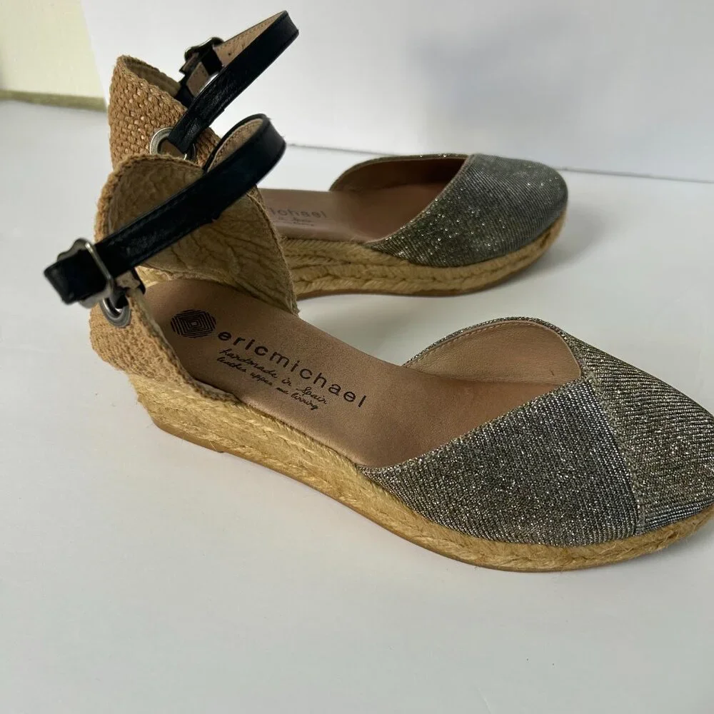 Eric Michael Copa Metallic Espadrille Sandal Ankle Strap 6 Comfort Spain Summer
